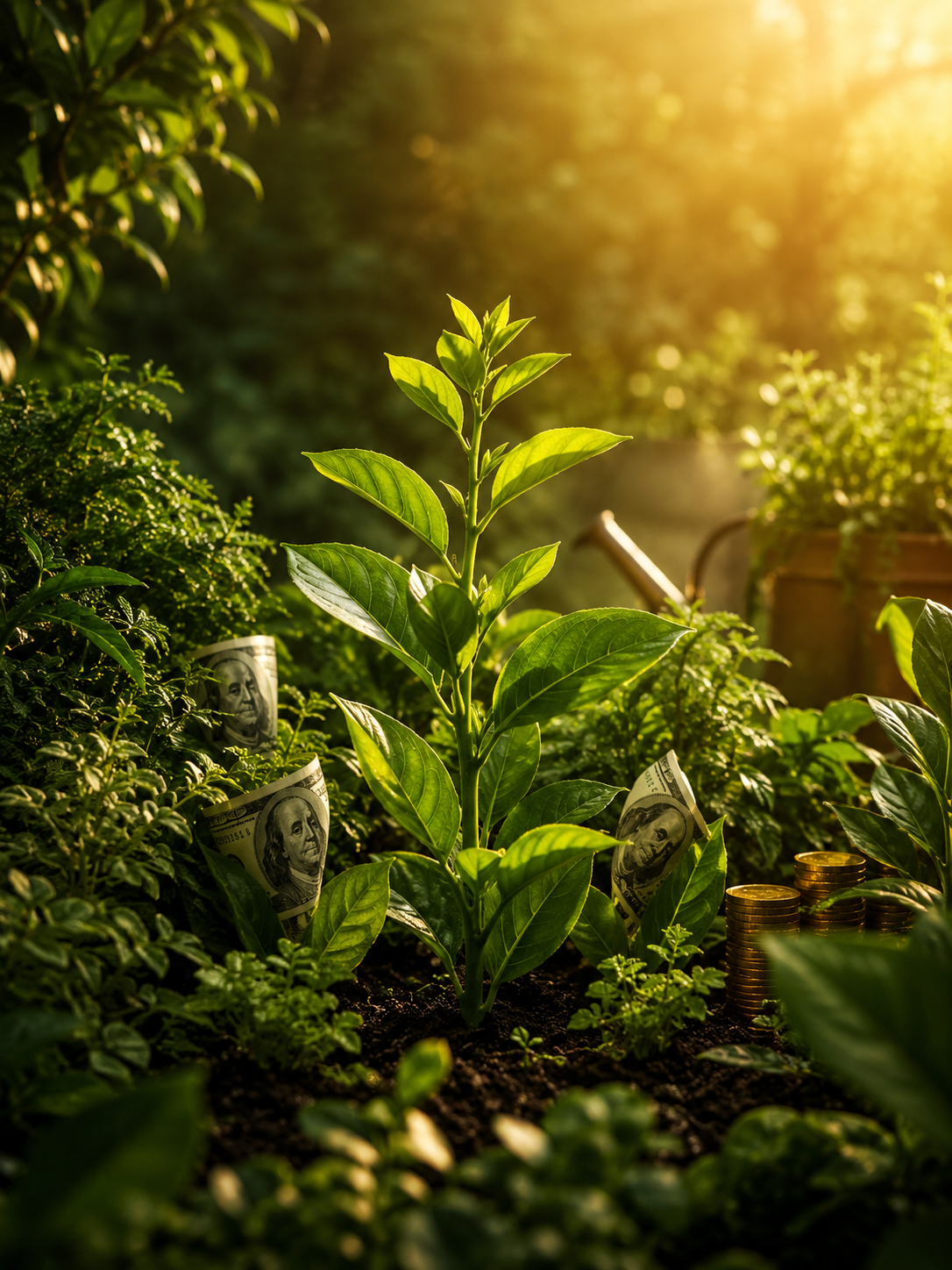 Thriving green plants with money growing among the leaves